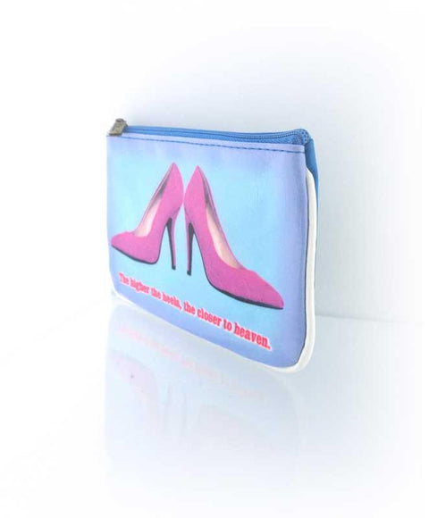 Mlavi's Eco-friendly, cruelty-free Shoe lovers' funky vegan small pouch with humorous quote.