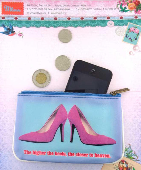 Mlavi's Eco-friendly, cruelty-free Shoe lovers' funky vegan small pouch with humorous quote.
