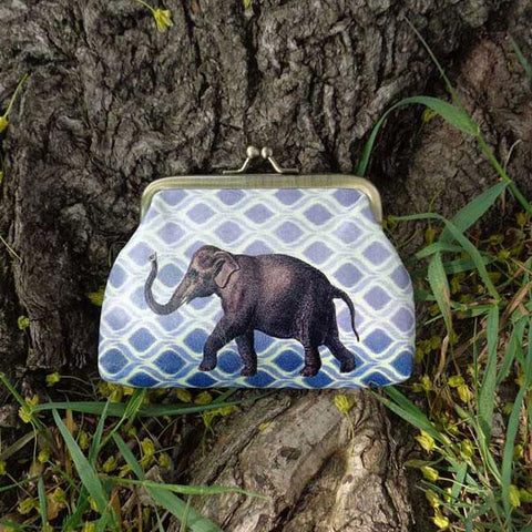 Eco-friendly, cruelty-free, ethically made vegan kiss lock frame coin purse with vintage style elephant print by Mlavi Studio. It's great for everyday use or as gift for animal loving family and friends. Wholesale at www.mlavi.com to gift shop, clothing & fashion accessories boutiques, book stores.