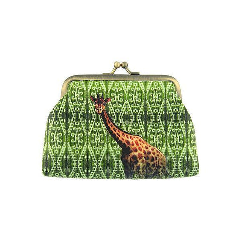 Eco-friendly, cruelty-free, ethically made vegan kiss lock frame coin purse with vintage style giraffe print by Mlavi Studio. It's great for everyday use or as gift for animal loving family and friends. Wholesale at www.mlavi.com to gift shop, clothing & fashion accessories boutiques, book stores.