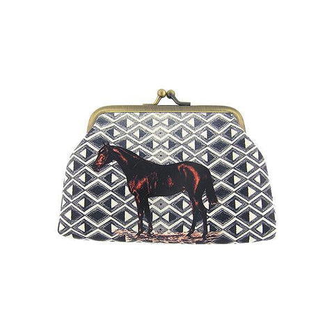 Eco-friendly, cruelty-free, ethically made vegan kiss lock frame coin purse with vintage style horse print by Mlavi Studio. It's great for everyday use or as gift for animal loving family and friends. Wholesale at www.mlavi.com to gift shop, clothing & fashion accessories boutiques, book stores.