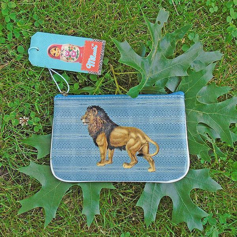 Eco-friendly, cruelty-free, ethically made vegan small pouch/coin purse with vintage style lion print by Mlavi Studio. Great for everyday use or as gift for animal loving family & friends. Wholesale at www.mlavi.com to gift shop, clothing & fashion accessories boutiques, book stores.