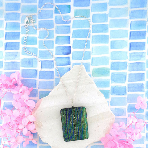 Online shopping for handmade rectangular glass pendant necklace designed and handmade by LAVISHY in Toronto Canada. It will add lovely colors to your outfit.