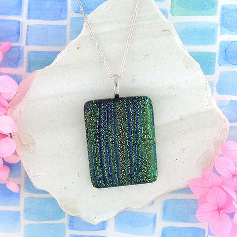 Online shopping for handmade rectangular glass pendant necklace designed and handmade by LAVISHY in Toronto Canada. It will add lovely colors to your outfit.