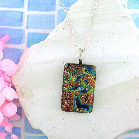 Online shopping for handmade rectangular glass pendant necklace designed and handmade by LAVISHY in Toronto Canada. It will add lovely colors to your outfit.
