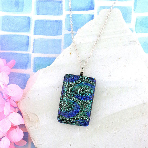 Online shopping for handmade rectangular glass pendant necklace designed and handmade by LAVISHY in Toronto Canada. It will add lovely colors to your outfit.