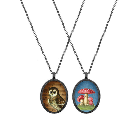 Online shopping for LAVISHY unique, beautiful & affordable vintage style reversible pendant necklace with owl & mushroom print. A great gift for you or your girlfriend, wife, co-worker, friend & family. Wholesale available at www.lavishy.com with many unique & fun fashion accessories.