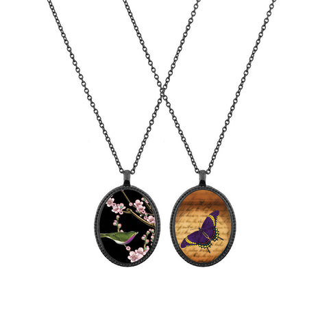 Online shopping for LAVISHY unique, beautiful & affordable vintage style reversible pendant necklace with love birds with plum flower tree  & butterfly print. A great gift for you or your girlfriend, wife, co-worker, friend & family. Wholesale available at www.lavishy.com with many unique & fun fashion accessories.