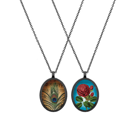 Online shopping for LAVISHY unique, beautiful & affordable vintage style reversible pendant necklace with peacock feather & rose flower print. A great gift for you or your girlfriend, wife, co-worker, friend & family. Wholesale available at www.lavishy.com with many unique & fun fashion accessories.