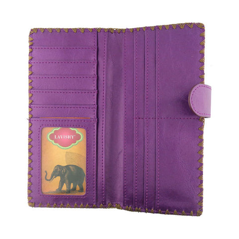 Online shopping for vegan brand LAVISHY's Eco-friendly, ethically made, cruelty free embroidered large flat wallet for women features colorful flower embroidery motif. Wholesale at www.lavishy.com for retailers like gift shop, clothing & fashion accessories boutique & book store worldwide since 2001.