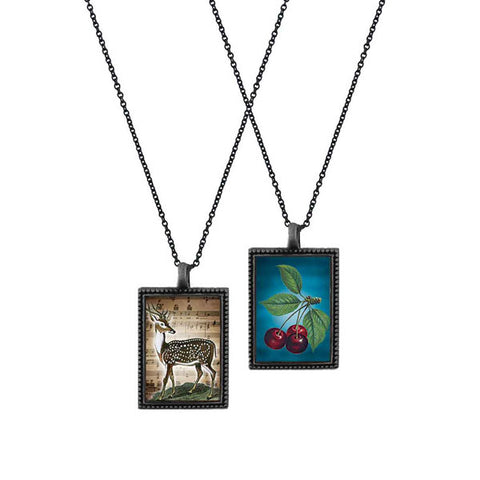 Online shopping for LAVISHY unique, beautiful & affordable vintage style reversible pendant necklace with cherry & deer print. A great gift for you or your girlfriend, wife, co-worker, friend & family. Wholesale available at www.lavishy.com with many unique & fun fashion accessories.