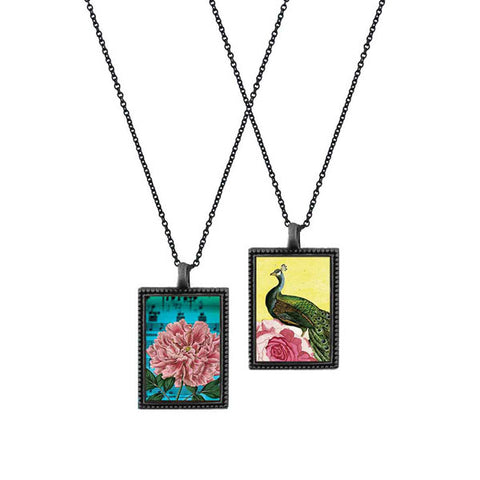 Online shopping for LAVISHY unique, beautiful & affordable vintage style reversible pendant necklace with peacock & pink peony flower print. A great gift for you or your girlfriend, wife, co-worker, friend & family. Wholesale available at www.lavishy.com with many unique & fun fashion accessories.