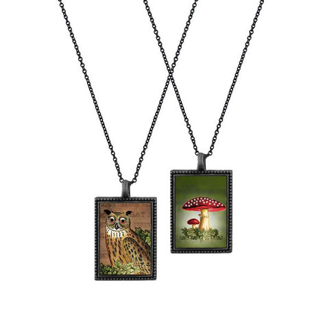 Online shopping for LAVISHY unique, beautiful & affordable vintage style reversible pendant necklace with owl & mushroom print. A great gift for you or your girlfriend, wife, co-worker, friend & family. Wholesale available at www.lavishy.com with many unique & fun fashion accessories.