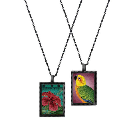 Online shopping for LAVISHY unique, beautiful & affordable vintage style reversible pendant necklace with parrot & hibiscus flower print. A great gift for you or your girlfriend, wife, co-worker, friend & family. Wholesale available at www.lavishy.com with many unique & fun fashion accessories.