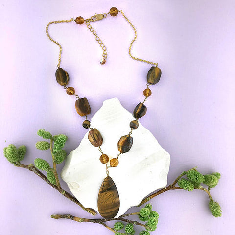 LAVISHY handmade tiger's eye stone and glass beads necklace