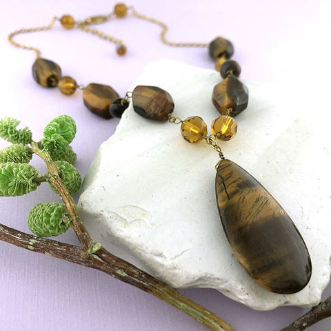 LAVISHY handmade tiger's eye stone and glass beads necklace